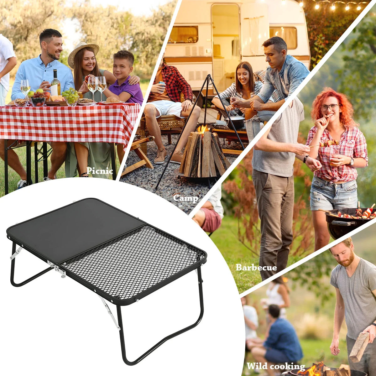 Portable Camping Table, Cutting Board and Table 2-in-1 Folding Campfire Grill for Outdoor Barbecue, Picnic, Fishing,Camping.