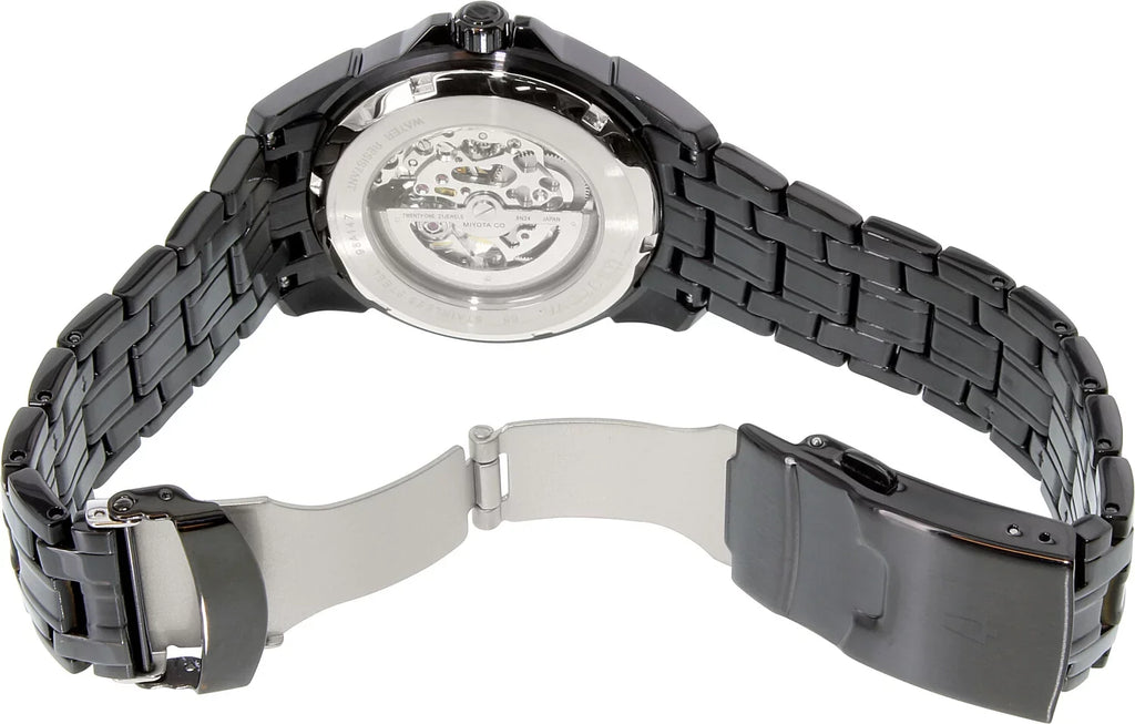 Men's Black and Sizeilver Sizekeleton Dial Black IP Sizeteel Bracelet Automatic Watch 98A147