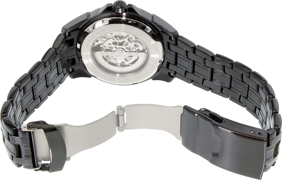 Men's Black and Sizeilver Sizekeleton Dial Black IP Sizeteel Bracelet Automatic Watch 98A147