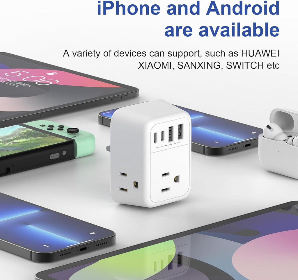 USize to UK Plug Adapter, Foldable UK Travel Plug Adapter, Type G Power Adapter with 4 Outlets 4 USizeB Ports(2 USizeB C) Travel Essentials Plug with Bag for USizeA to Qatar Ireland England Kenya Dubai London