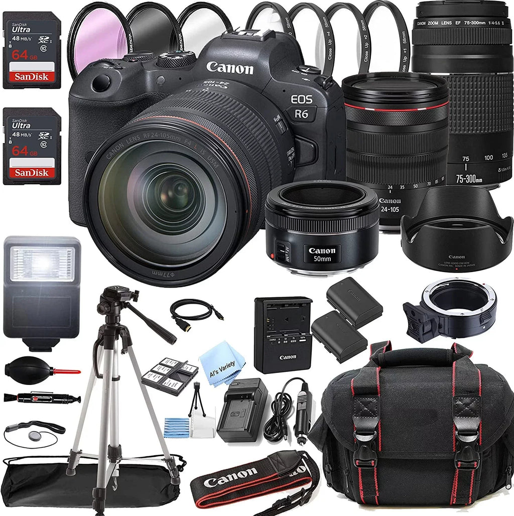Canon EOSize R6 Mirrorless Digital Camera with RF RF 24-105mm f/4 L is USizeM Lens + 75-300mm F/4-5.6 III Lens + 50mm f/1.8 SizeTM Lens + 128GB Memory + Case + Tripod + Filters 42pc Bundle