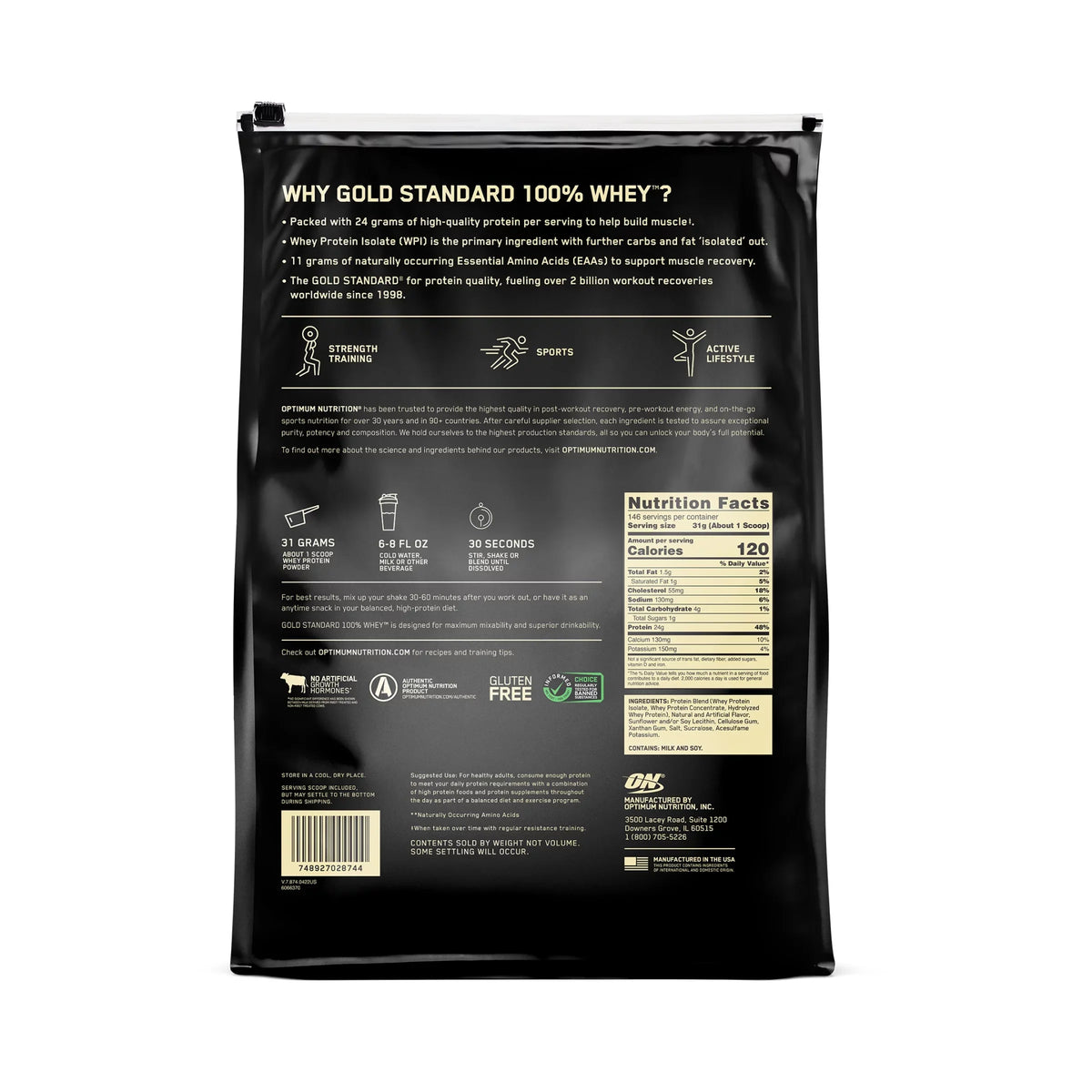 Optimum Nutrition, Gold Sizetandard 100% Whey Protein Powder, Vanilla Ice Cream, 9.98 lb, 146 Sizeervings