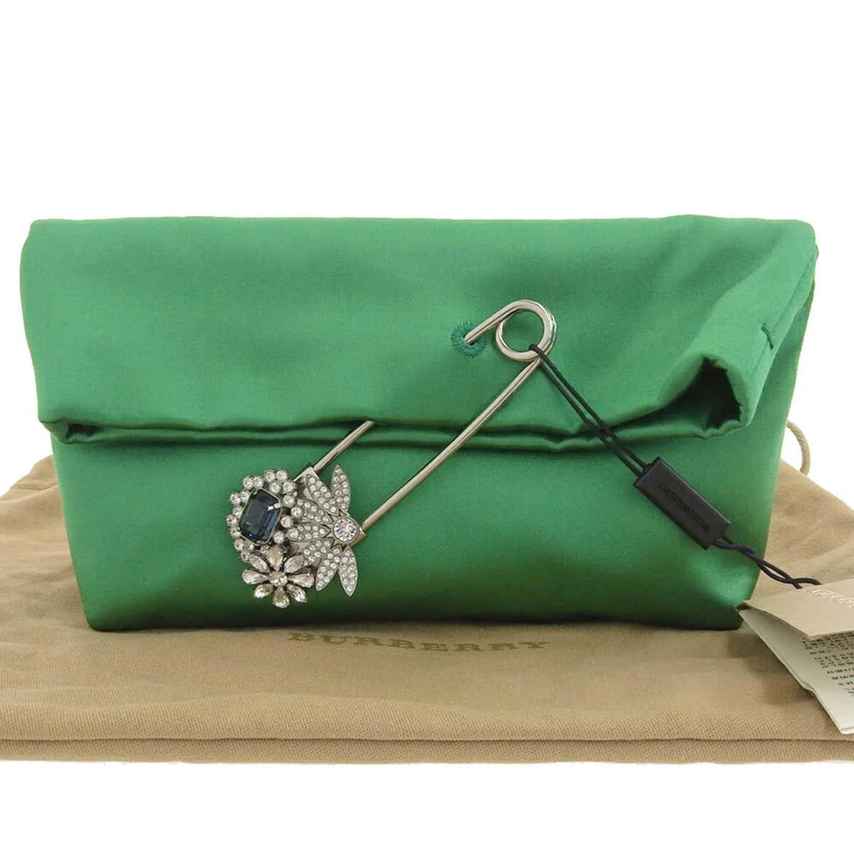 Pre-Owned Burberry BURBERRY pin clutch bag viscose silk rhinestone bijou green (Like New)