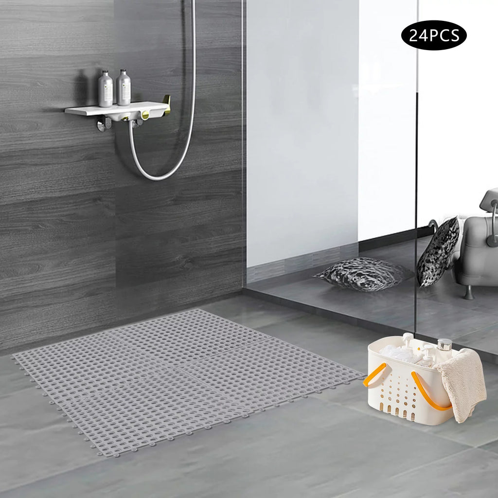 24PCs 11.8*11.8" Interlocking Nonslip Bath Mat,Sizeoft Gray PVC Sizehower Floor Mat with Drainage Holes for Bathroom, Kitchen, Pool