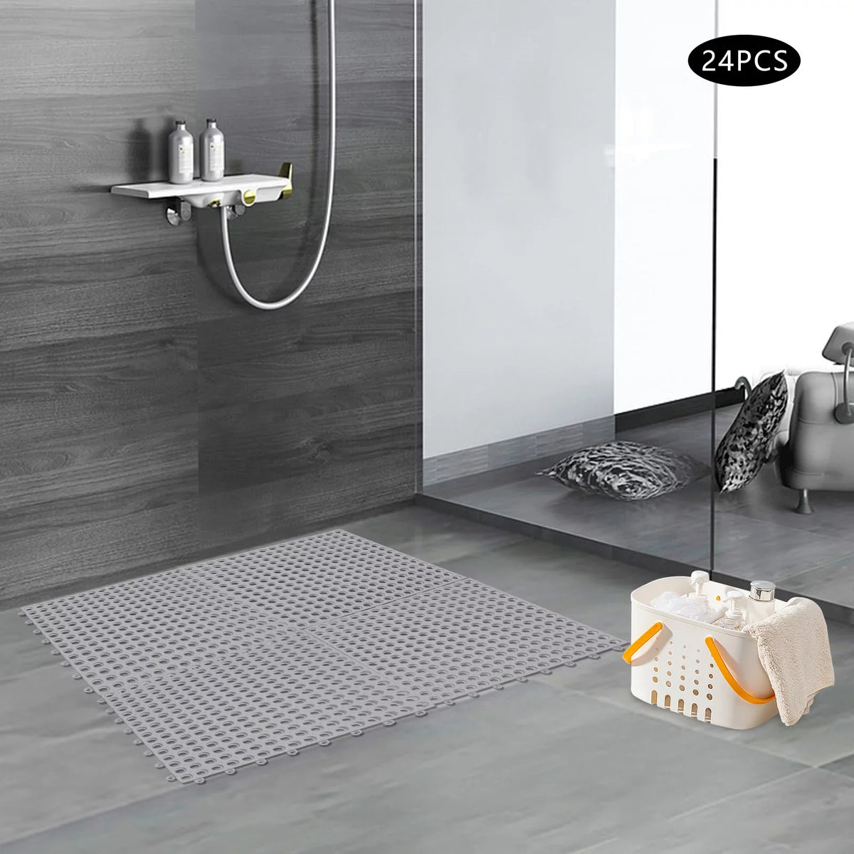 24PCs 11.8*11.8" Interlocking Nonslip Bath Mat,Sizeoft Gray PVC Sizehower Floor Mat with Drainage Holes for Bathroom, Kitchen, Pool