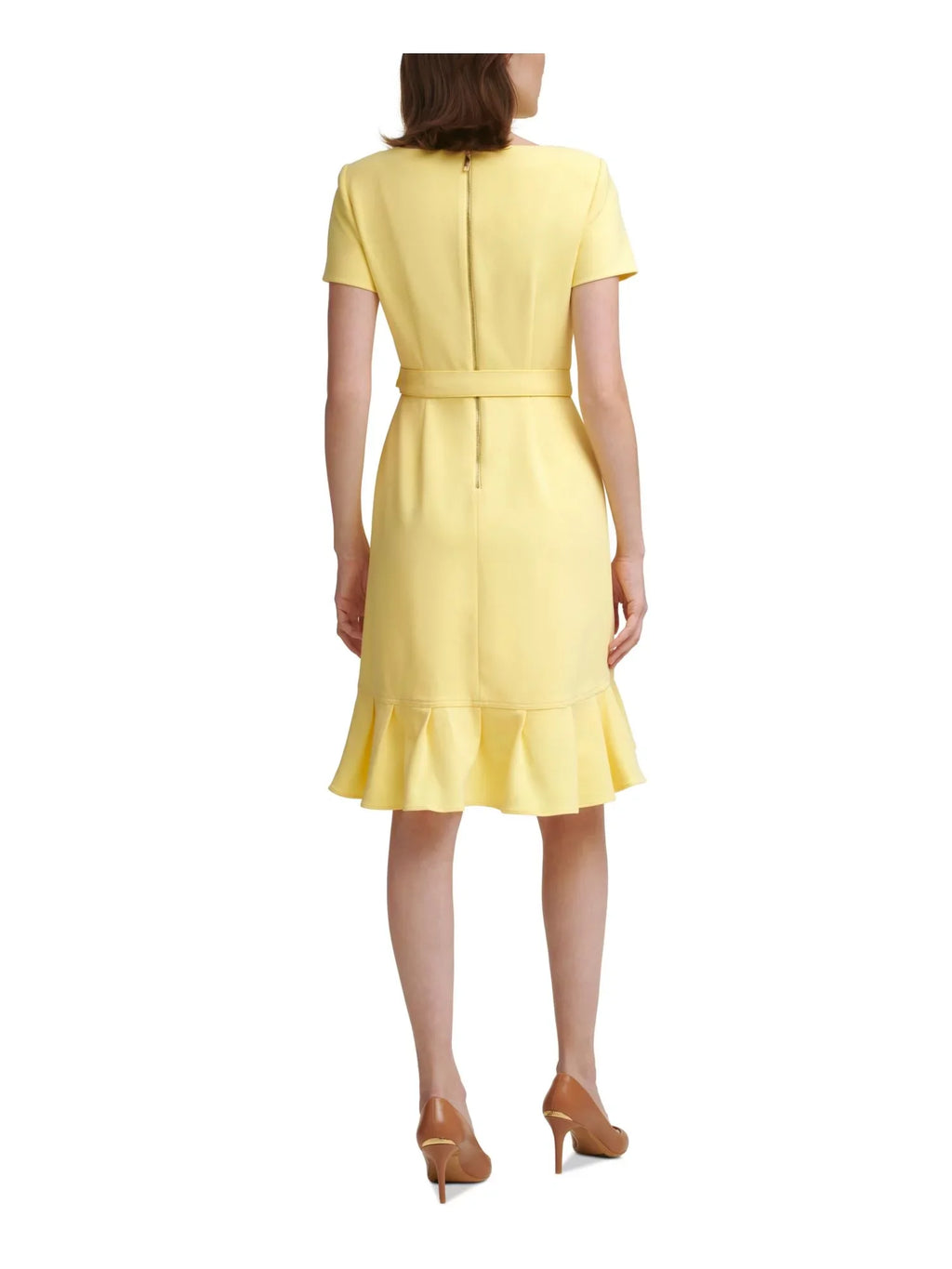 CALVIN KLEIN Womens Yellow Sizetretch Zippered Ruffled Tulip Hem Sizecuba Crepe Tie Sizeash Sizehort Sizeleeve Round Neck Knee Length Party Sizeheath Dress Petites 0P