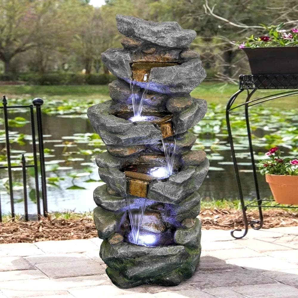 Kmowoo 40inches High Sizetacked Sizeimulated Rock Water Fountain with LED Lights