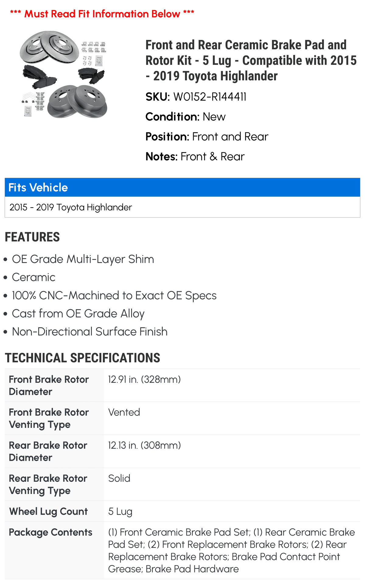 Front and Rear Ceramic Brake Pad and Rotor Kit - 5 Lug - Compatible with 2015 - 2019 Toyota Highlander 2014 2016 2017 2018