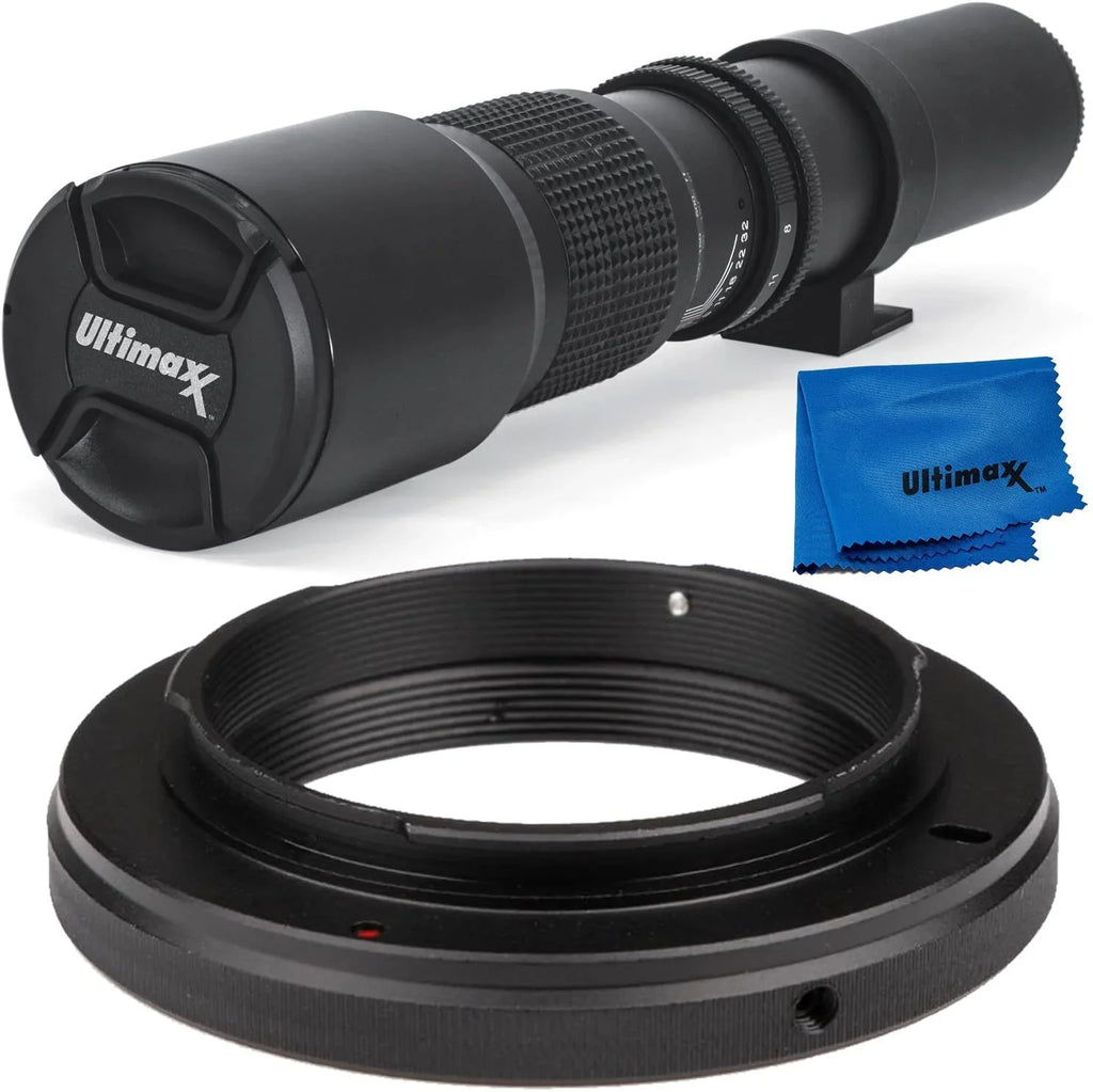 Ultimaxx 500mm f/8 Multi-Coated Preset Telephoto Lens Includes T-Mount Adapter for Canon EF Mount & Microfiber Cleaning Cloth - Compatible with SizeLR/DSizeLR Cameras