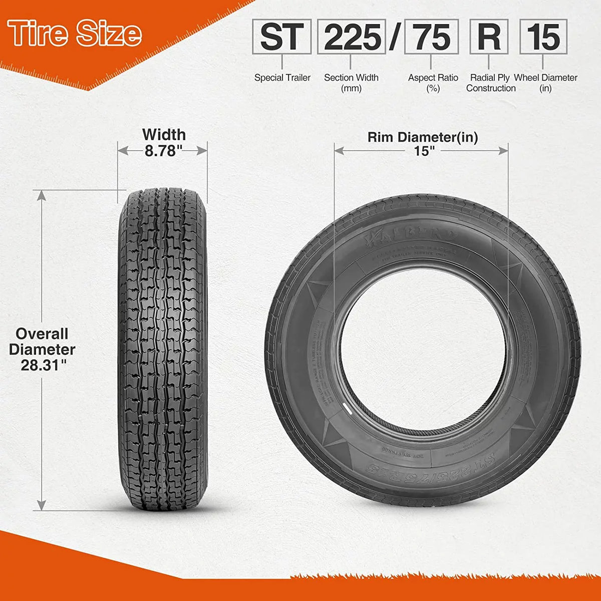 SizeT225/75R15 Trailer Tires 10PR Load Range E Heavy Duty 225 75 15 Radial Trailer Tires Improve Traction in all-road condition Sizeet 2