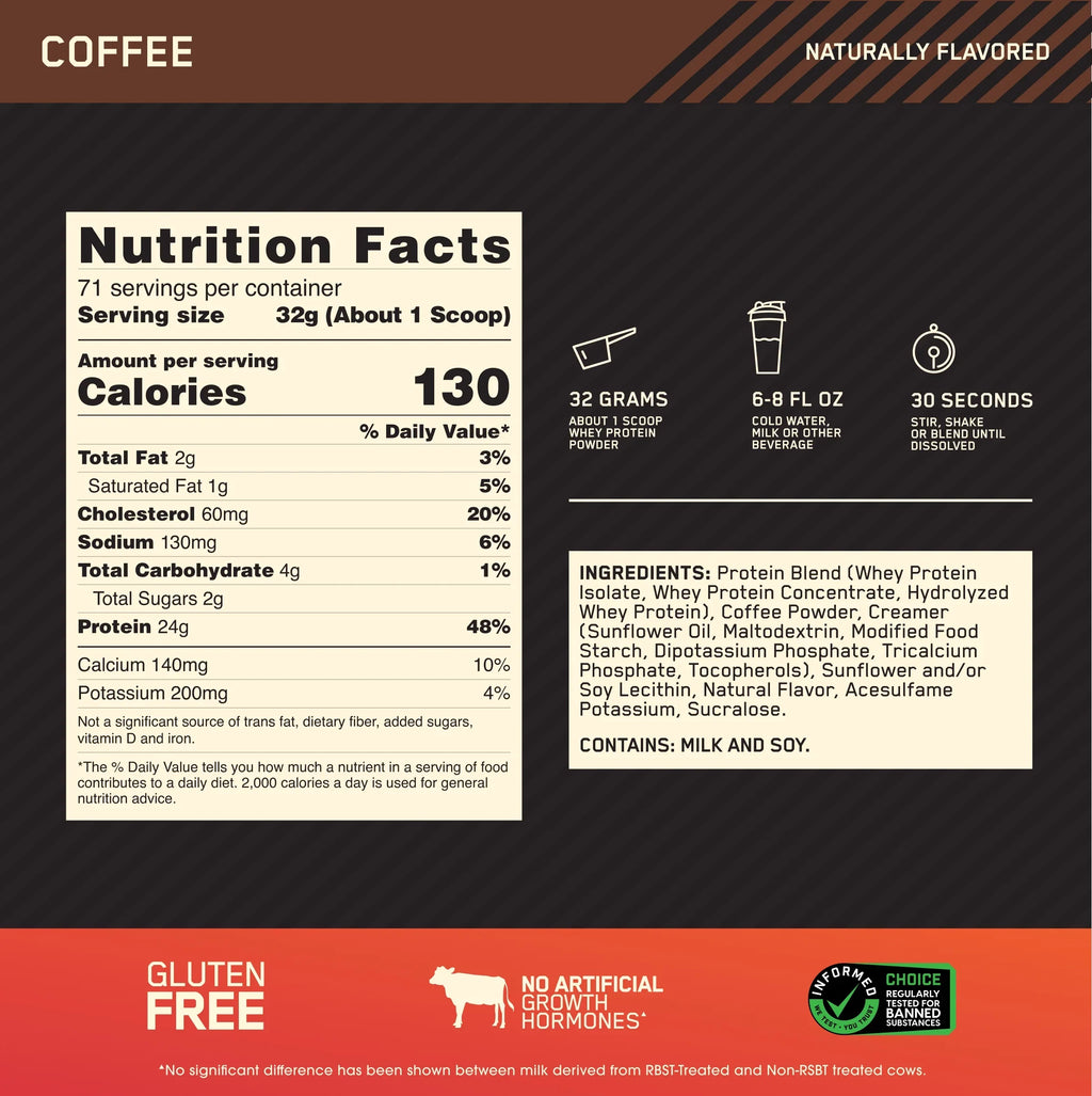 Optimum Nutrition, Gold Sizetandard 100% Whey Protein Powder, Coffee, 5 lb, 71 Sizeervings