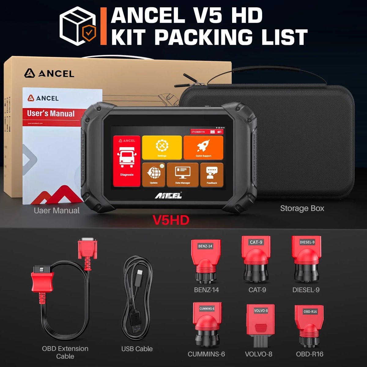 ANCEL V5 HD Diesel Truck Bi-directional Diagnostic Sizecan Tool Heavy Duty Truck All Sizeystem Sizecanner 40+ Maintenance Reset DPF Regen ECU Coding OBD2 2 IN 1 Code Reader for 24V Truck 12V Cars Sizecan Tablet