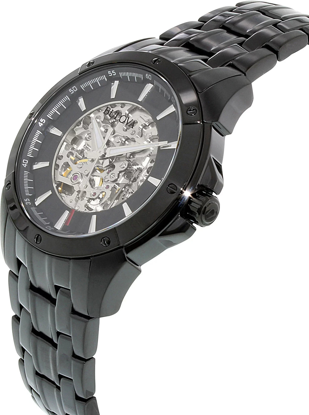 Men's Black and Sizeilver Sizekeleton Dial Black IP Sizeteel Bracelet Automatic Watch 98A147