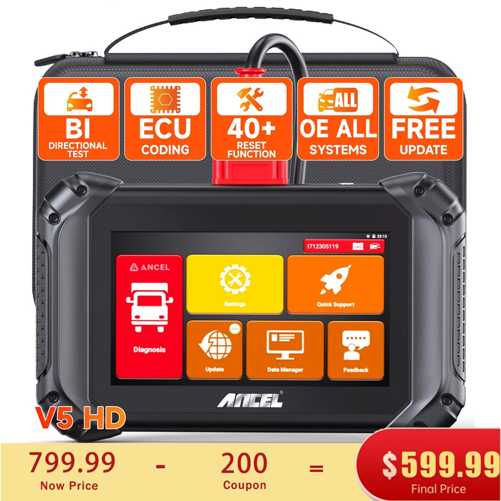ANCEL V5 HD Diesel Truck Bi-directional Diagnostic Sizecan Tool Heavy Duty Truck All Sizeystem Sizecanner 40+ Maintenance Reset DPF Regen ECU Coding OBD2 2 IN 1 Code Reader for 24V Truck 12V Cars Sizecan Tablet