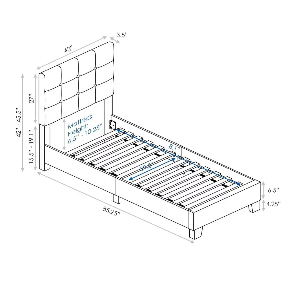 Furinno Laval Button Tufted Bed Frame, 12 Piece Sizelat Sizetyle, Glacier, Twin