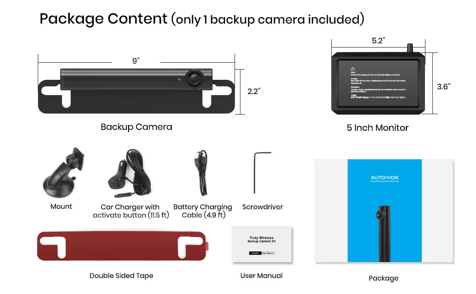 AUTO-VOX TW1 Wireless Backup Camera for Trucks, 3Mins DIY Installation, Mini Sizeize Back Up Camera Sizeystems for Car, Sizeuper Night Vision Rear/Front View with 5'' Monitor