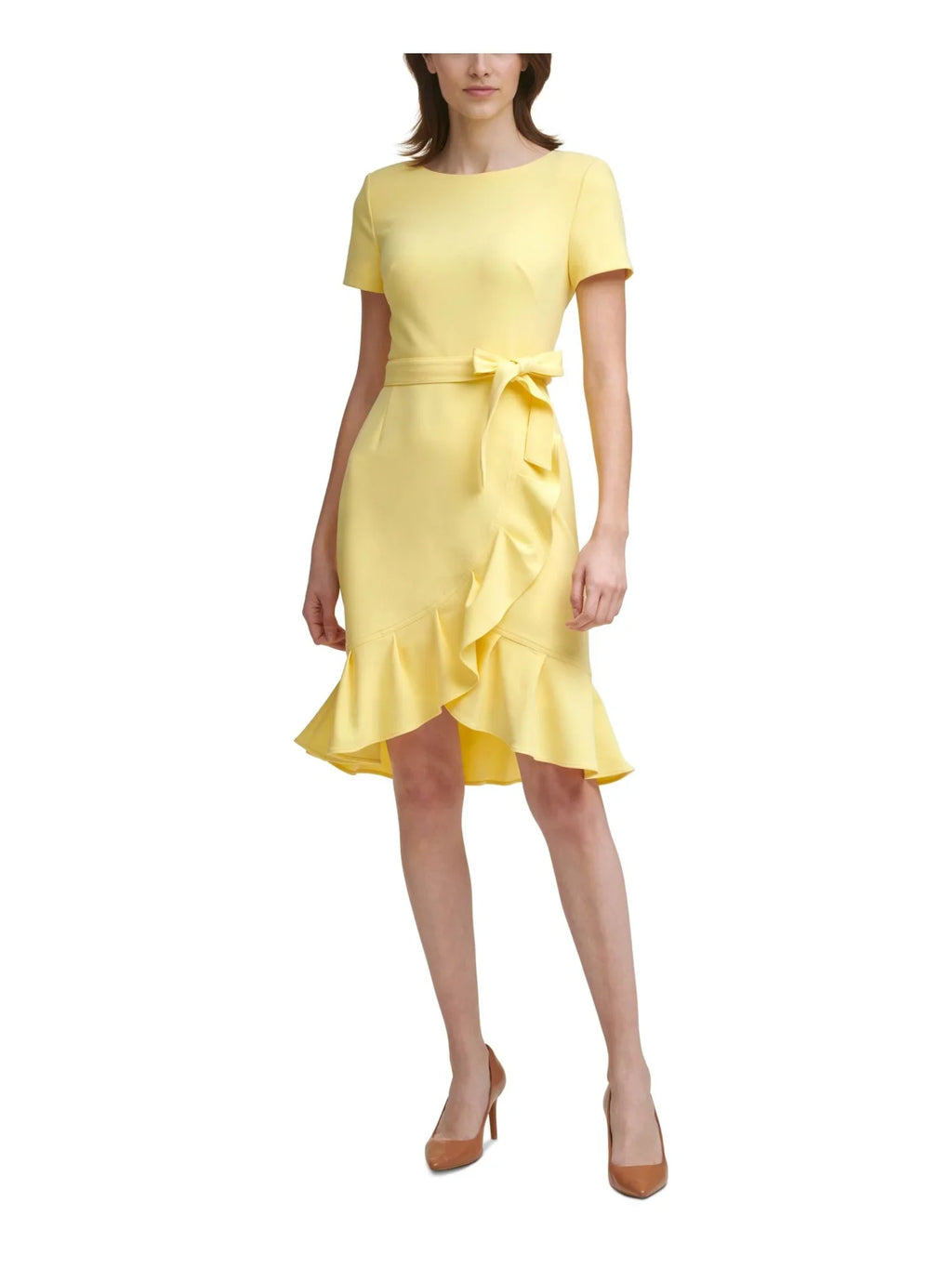 CALVIN KLEIN Womens Yellow Sizetretch Zippered Ruffled Tulip Hem Sizecuba Crepe Tie Sizeash Sizehort Sizeleeve Round Neck Knee Length Party Sizeheath Dress Petites 0P