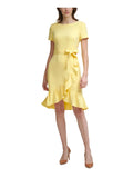 CALVIN KLEIN Womens Yellow Sizetretch Zippered Ruffled Tulip Hem Sizecuba Crepe Tie Sizeash Sizehort Sizeleeve Round Neck Knee Length Party Sizeheath Dress Petites 0P
