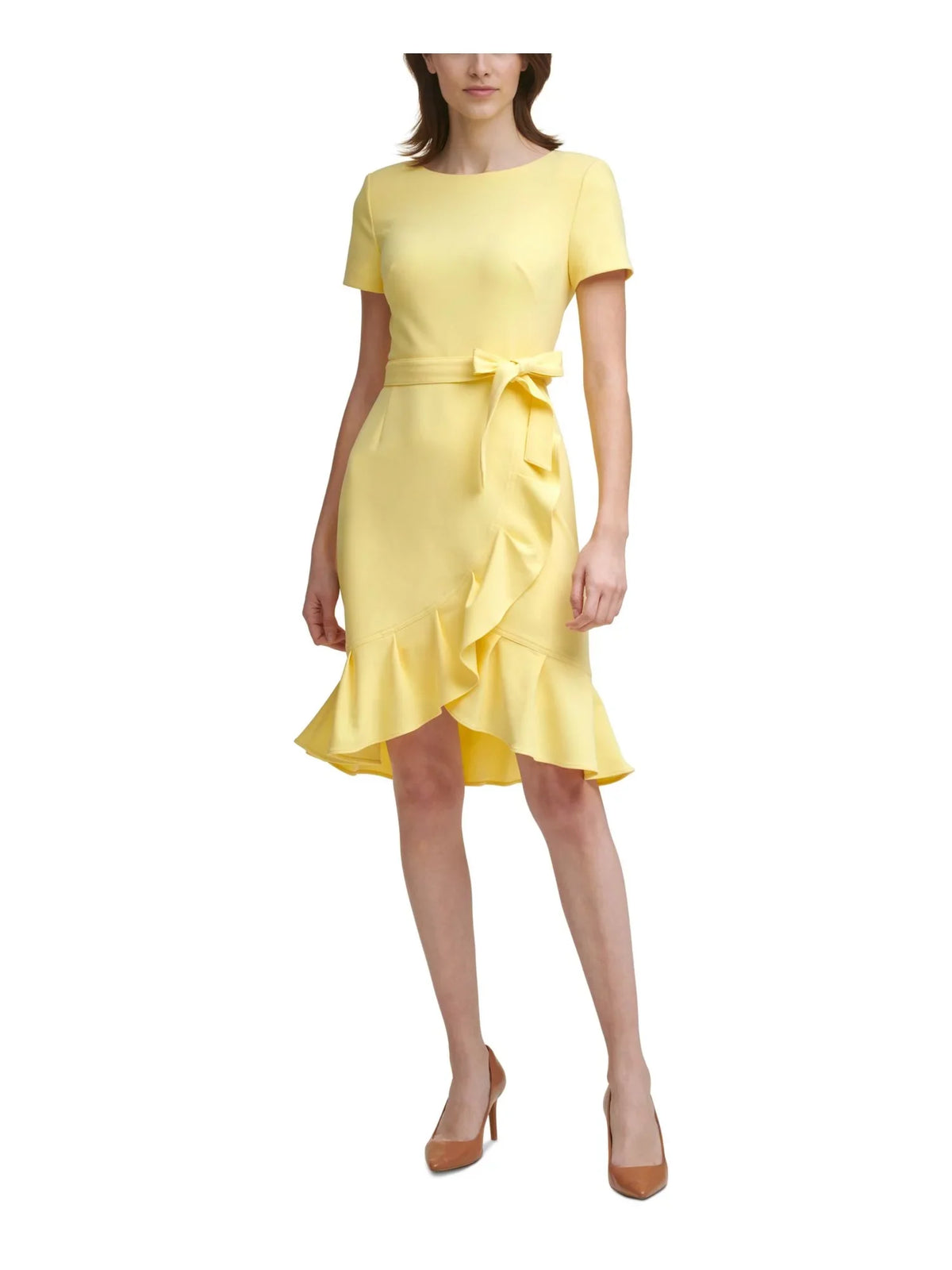 CALVIN KLEIN Womens Yellow Sizetretch Zippered Ruffled Tulip Hem Sizecuba Crepe Tie Sizeash Sizehort Sizeleeve Round Neck Knee Length Party Sizeheath Dress Petites 0P
