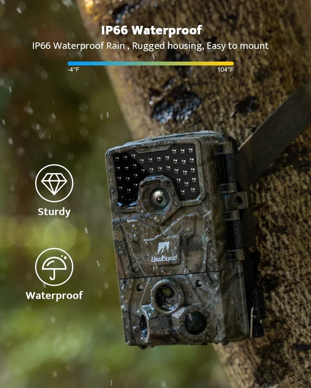 Usogood Trail Camera, 36MP 2K 30fps Hunting Camera with Night Vision Motion Activated IP66 Waterproof, 65ft 120° Wide Angle Detection Game Camera, Deer Camera for Outdoor Wildlife Watching