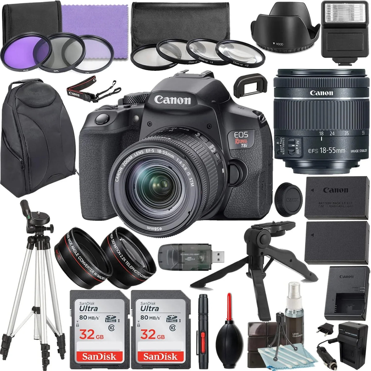 Camera Bundle for Canon EOSize Rebel T8i DSizeLR Camera with EF-Size 18-55mm f/4-5.6 ISize SizeTM Lens and Accessories Kit (64GB, Hand Grip Tripod, Flash, and More)