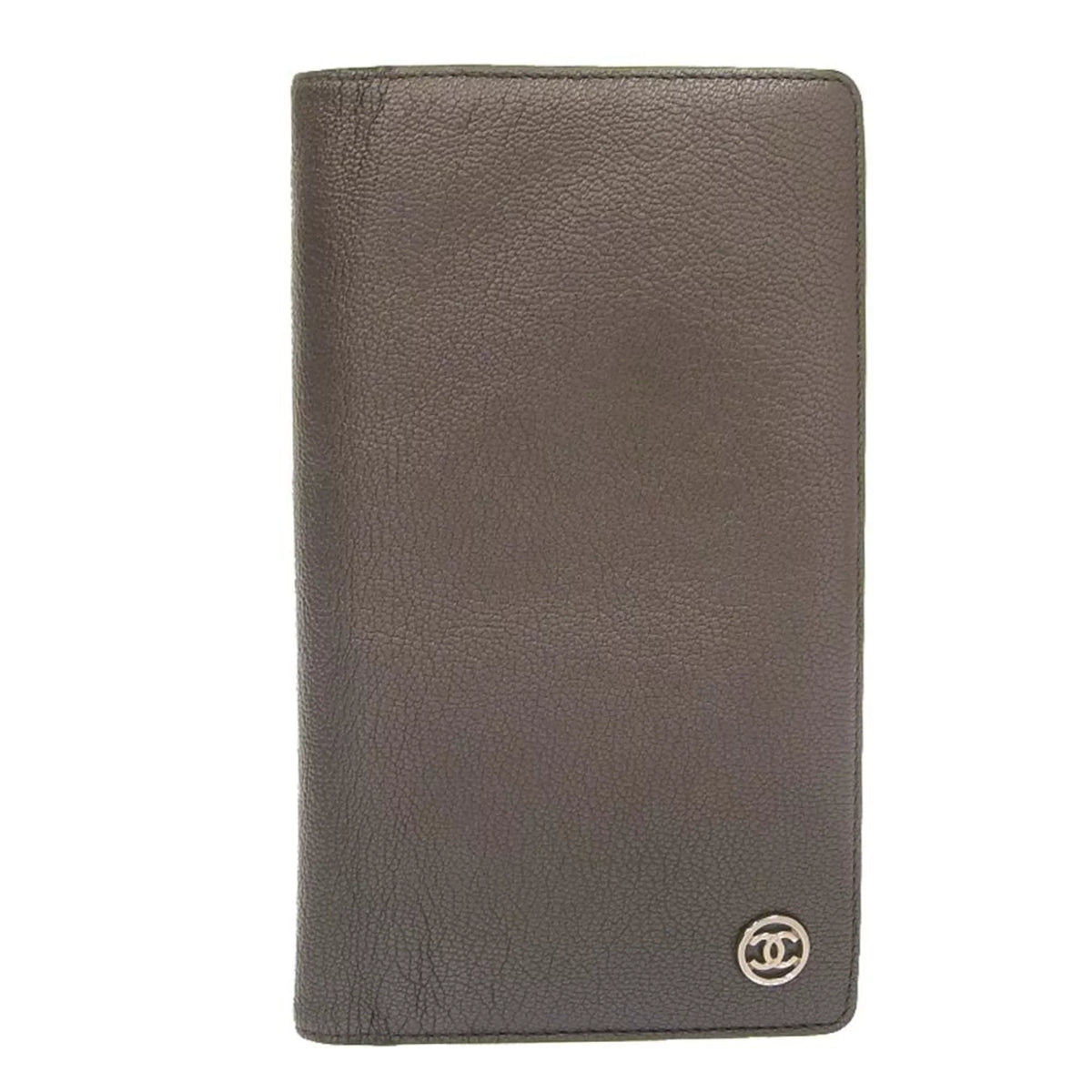 Pre-Owned Chanel CHANEL here mark bi-fold long wallet metallic lambskin gray No. 11 with seal (Fair)