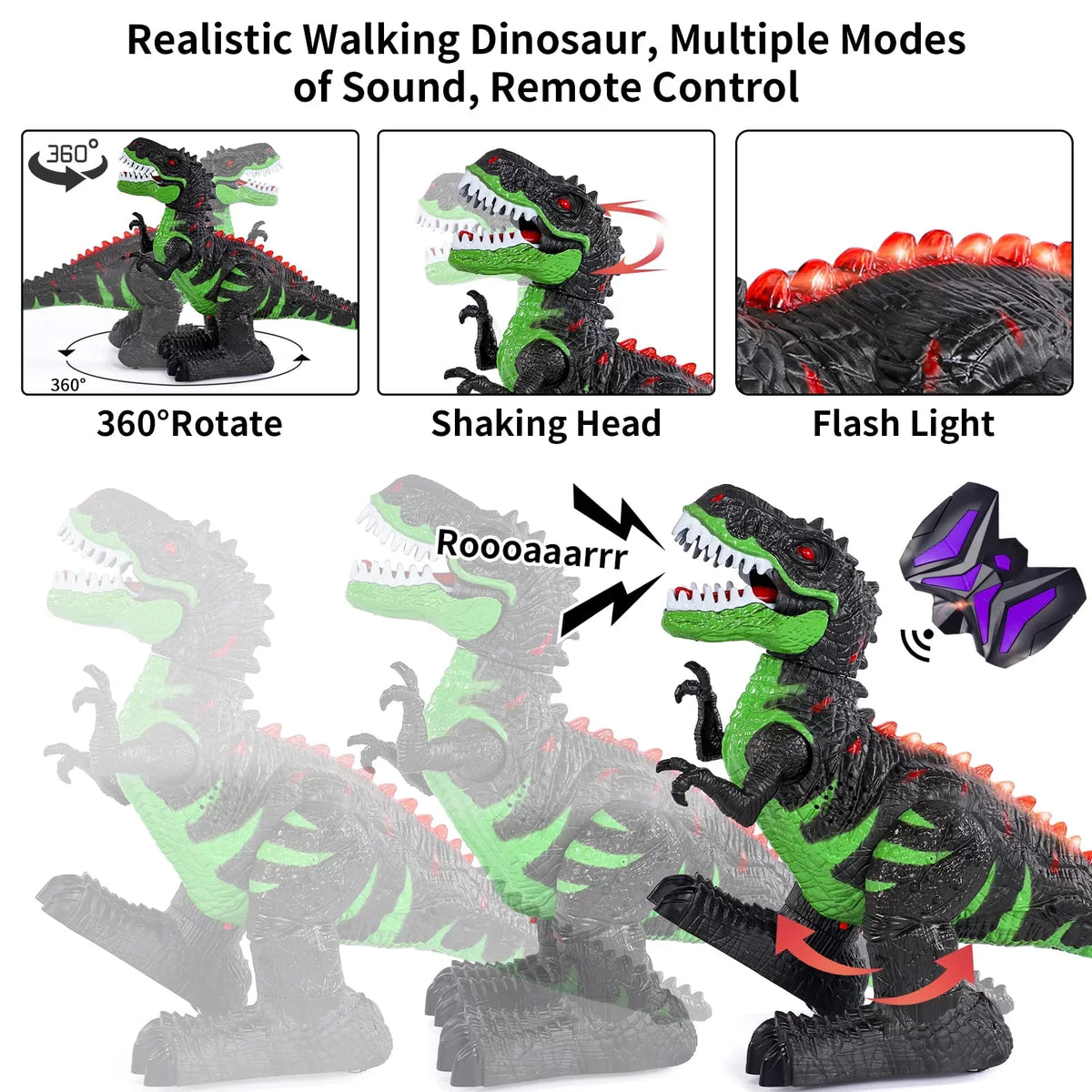 UUGEE Remote Control Dinosaur Toys for Boys Girls 2.4G RC Robot T-rex with Light Sizeound, Black
